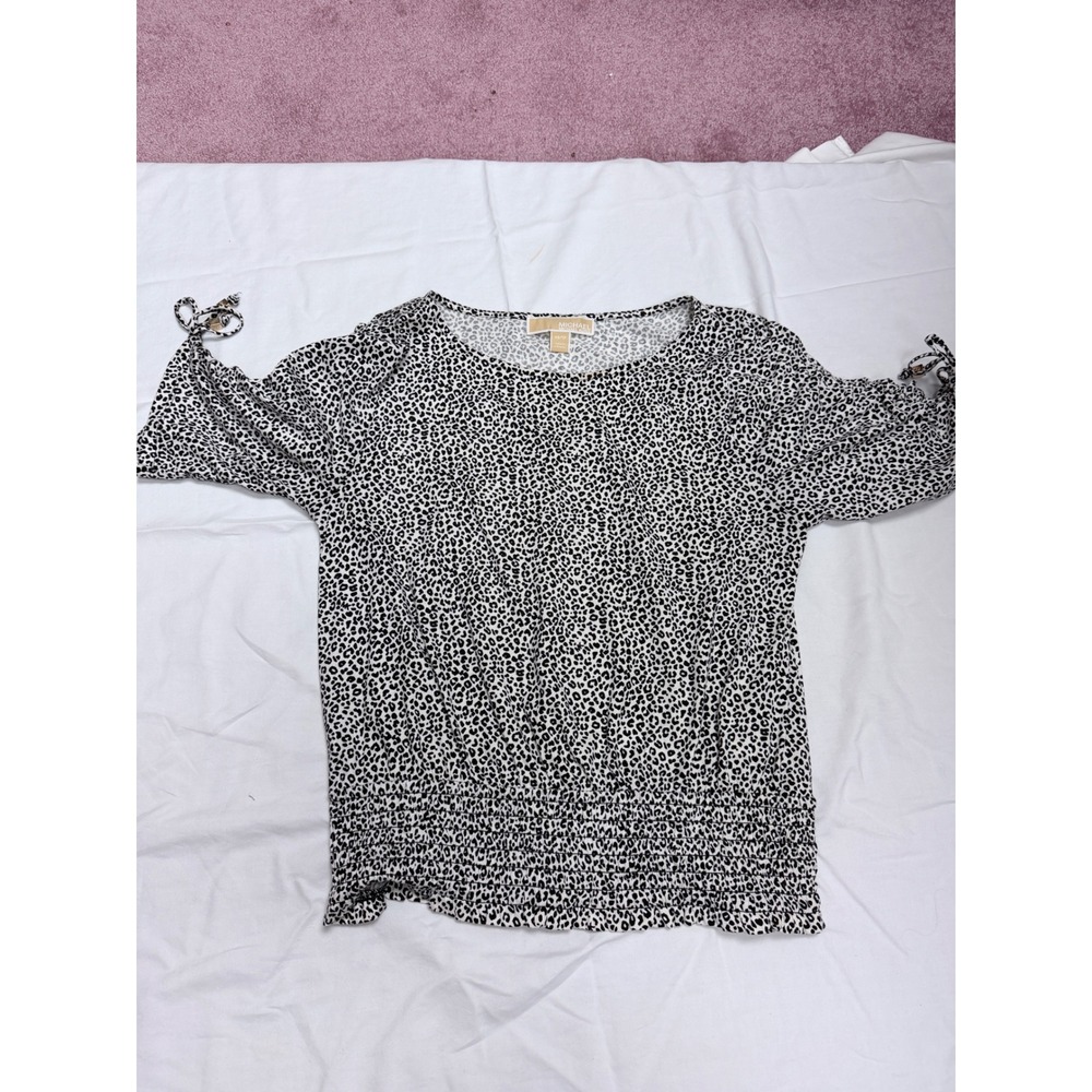 Michael Michael Kors Leopard Cold Shoulder Smocked Hem Top Black White XS